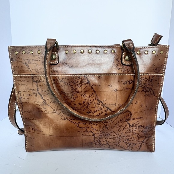 Patricia Nash Map Leather Tote Brown Antique Brass Hardware Suede Lined Interior - Picture 1 of 12
